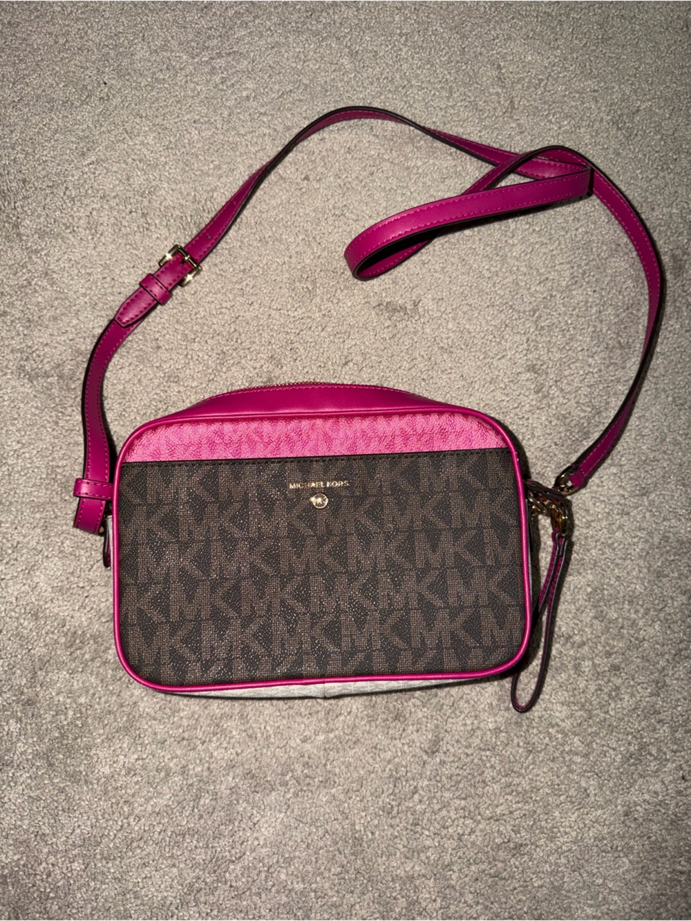 Michael Kors Brown Signature Crossbody with Fuchsia Trim